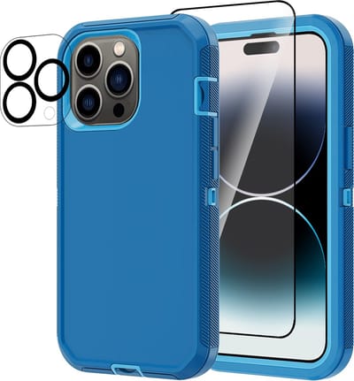 Stravo Heavy Duty iPhone 15 Pro case met Screen Protector en Lens Protector - Blauw - Dustproof shockproof telefoonhoes cover bestaande uit 3 lagen inclusief schermbeschermer en lensbeschermer - Geschikt voor Apple iPhone 15 Pro