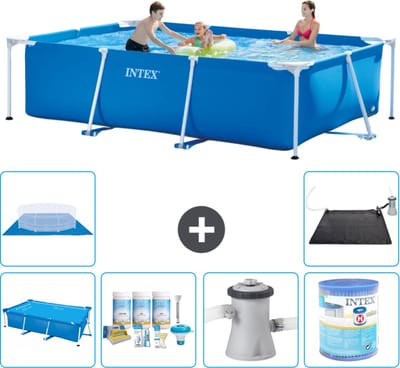 Intex Rechthoekig Frame Zwembad - 300 x 200 x 75 cm - Blauw - Inclusief Solarzeil - Onderhoudspakket - Zwembadfilterpomp - Filter - Grondzeil - Solar Mat - 7-delig