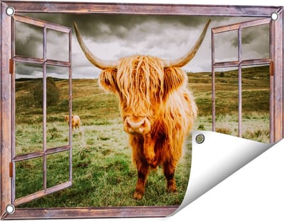 Gards Tuinposter Doorkijk Schotse Hooglanders in de Weide met Wolken - 60x40 cm - Tuindoek - Tuindecoratie - Wanddecoratie buiten - Tuinschilderij