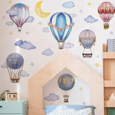 Dailygoods- Muursticker Grote Heteluchtballon - Kleurrijke Sterren/Wolk - Wanddecoratie Kinderkamer - Decoratieve Stickers - Verwijderbaar Vinyl - Indoor Gebruik
