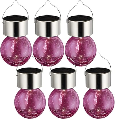 Sunnydays Solar sfeer hanglamp - 6x - tuin - lampenbol - roze - glas - 9 cm - ophang haakje