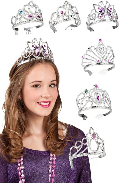 6x Tiara/diadeem zilver 6 assortie kids - prinses thema feest verjaardag uitdeel hoofd accesoires