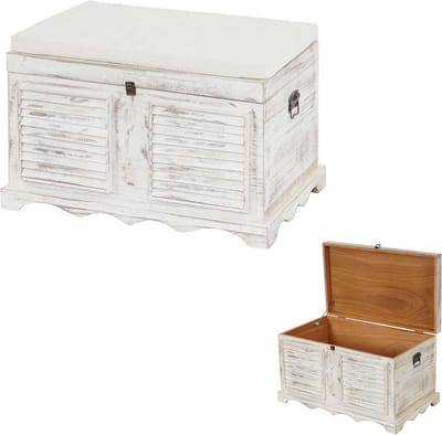 Houten Opbergbank met Zitkussen Shabby Chic Vintage Wit 76x45cm
