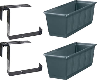 Set van 2 kunststof plantenbakken grijs rechthoekig 60 cm met 4 verstelbare railing beugels