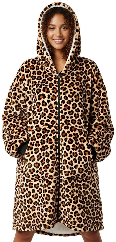Hoodie Deken met Rits – Fleece Deken met Mouwen – Oversized Hoodie – Deken Trui – Luipaard