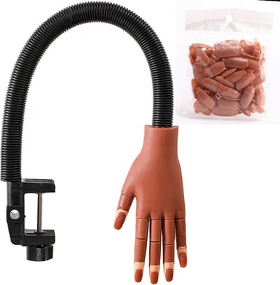 Oefenhand voor nagels - gratis 100 stuks bruin kunstnagels - Nailtrainer hand - Vrouw Hand Gellak oefenhand-Acryl oefenhand - Nepnagels - Gelnagels - Manicure oefenhand - Flexible hand - Tafelklem - Nagelstudio - Nailart - Beginner oefenhand