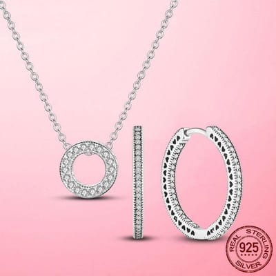 Dames Sieradensets Zilver 925 Ronde Cirkel Oorbellen Ketting Dames Sieradenset Zirkoon Bruiloft Bruid Verlovingssieraden