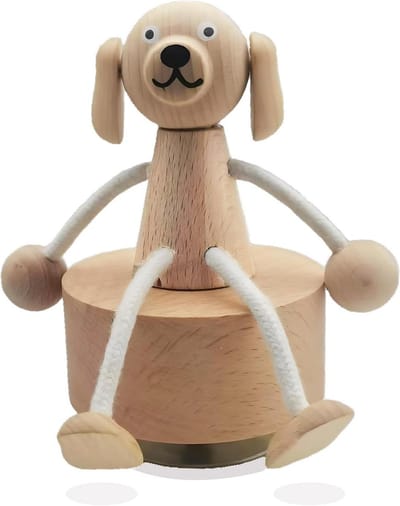 Houten Muziekdoos Hond - Grappig Beeldje - Cadeau Idee - Flexibele Houding - 7.5 x 7.5 x 12 cm