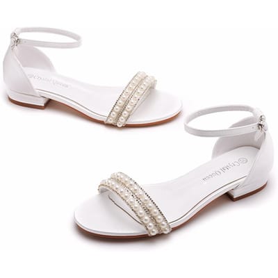 2 cm Vierkante Hak Schoenen met Lage Instap Sandalen met Eén Band Ivoorwit Zijde Satijn Stof Bruid Witte Parel Kralen Sandalen voor Dames 39 white