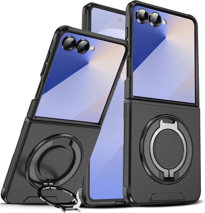 Armor Tough [360° draaibare ringstandaard] [compatibel met Magsafe] Hoesje Geschikt voor: Samsung Galaxy Z Flip 7 - Ingebouwde dia camera cover - Hybrid - Zwart