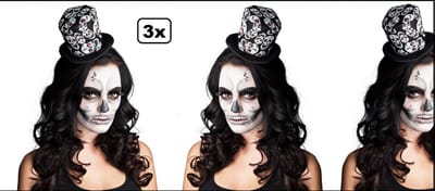 3x Tiara hoedje schedels zwart/wit - Griezelfeest scary halloween creepy griezel horror hoofddeksel diadeem