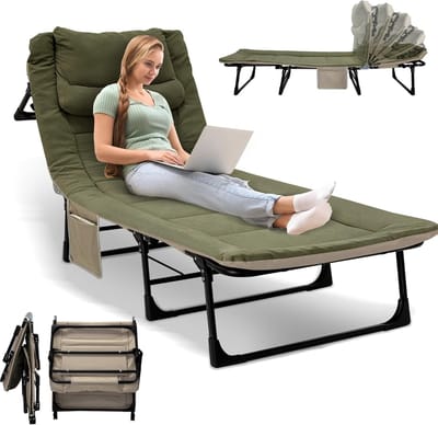 Inklapbaar Veldbed - Kampeerligstoel Klapbed - Ontspannen Buiten - 6-voudig Verstelbaar - XXL 190x68cm - Legergroen