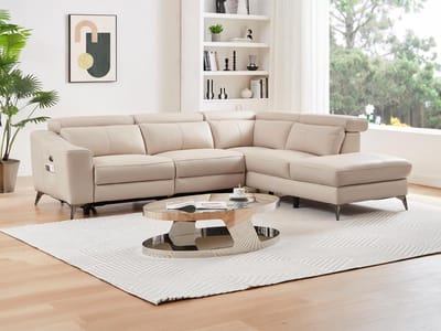 Vente-unique Elektrische relaxhoekbank met rechtse hoek – Crèmewit leder – FORLO