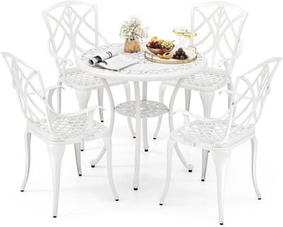 COSTWAY 5-delige tuinmeubelset van gegoten aluminium, weerbestendige terrasmeubels incl. 4 stoelen, 1 tafel met paraplugat, tuinmeubelen voor 4 personen, zitgroep voor tuin, terras, wit