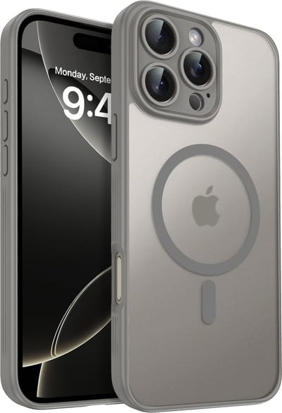 Casemania Hoesje Geschikt voor Apple iPhone 16 Pro Max - Grijs - Matte Armor Back Cover met Camera Bescherming - Geschikt voor MagSafe