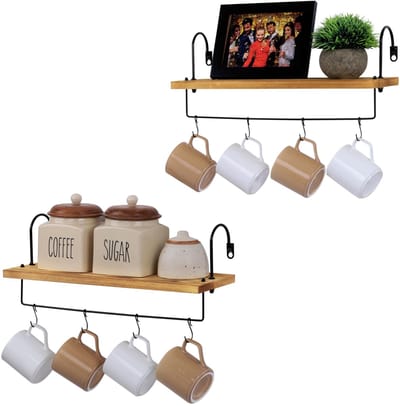 Unyqoos ® Houten Wandplanken Set van 2 met Rail en Haken voor Keuken en Koffiebar