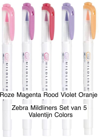 Zebra Mildliners Set van 5 Valentijn Colors verpakt in een Zipperbag
