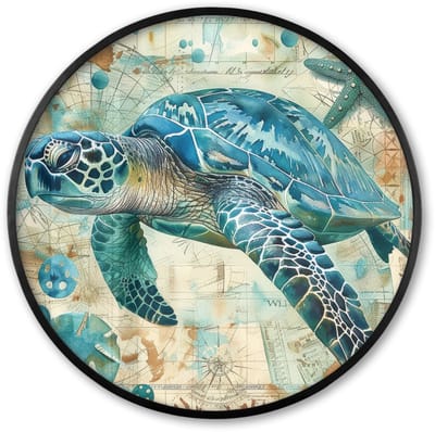 Poster in lijst Rond - Fotolijst 60x60 cm - Posters - Vintage - Schildpad - Zeedieren - Watercolor - Ronde posterlijst zwart - Decoratie - Wanddecoratie woonkamer - Muurdecoratie slaapkamer