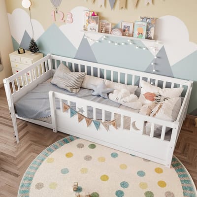 Pugsdrly Paneelbed, 90 x 190 cm, kinderbed met spijlen, sterren- en maandecor, zonder matras, minimalistische stijl, wit