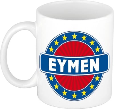 Bellatio Decorations - Eymen voornaam - koffiemok - beker - wit/blauw - 300 ml - Cadeau - Heren - Collega - Vaderdag - Verjaardag