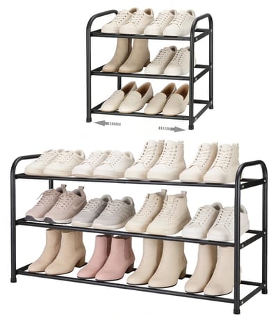 Dailygoods- Schoenenrek Uitschuifbaar - 3-laags Roestvrij Staal - Zwart - Antislip - Ruimtebesparend - Capaciteit 6-12 Paar - Schoenenopslag