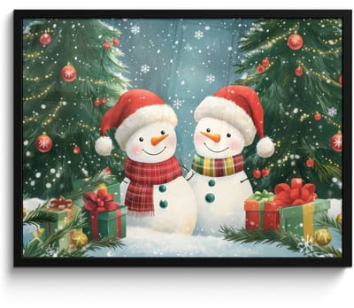 Poster in lijst - Fotolijst 80x60 cm - Posters - Sneeuwpop - Kerstsneeuw - Groen - Rood - Posterlijst zwart - Decoratie - Wanddecoratie woonkamer - Muurdecoratie slaapkamer - Kerstversiering - Kerstdecoratie voor binnen - Kerstmis