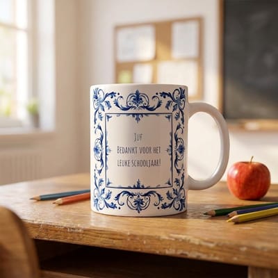 Mok met tekst | Bedankt Juf | Delfts blauw | Bedankt | Cadeau | Keramiek | 330 ML | Fotofabriek