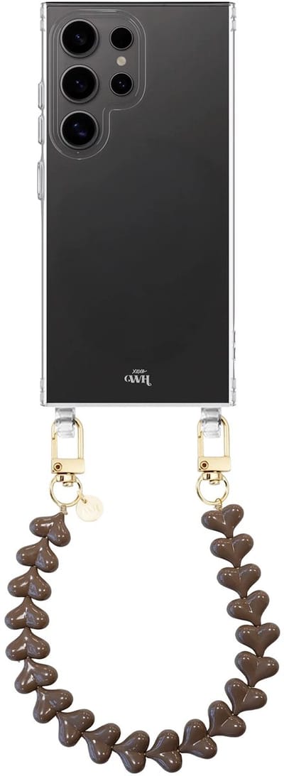 xoxo Wildhearts siliconen hoesje geschikt voor Samsung Galaxy S26 Ultra hoesje - Funky Hearts (Dark Brown) - Telefoonhoesje - Hoesje met koord - Donkerbruin / Bruin koord - kort telefoonkoord - Hartjes ketting - Transparant hoesje