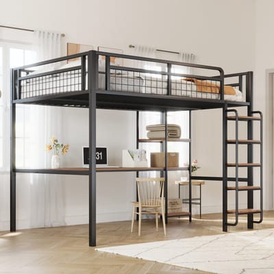 DESMIU Metalen Hoogbed 140x200cm – Hoogslaper Met Trap En Bureau – Bed Met Opbergruimte En Rekken – Voor Jeugdkamer Of Slaapkamer – Metaal – Zwart – Zonder Matras