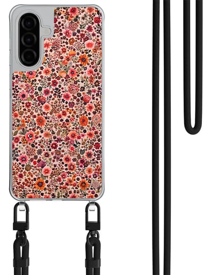 Hoesje met koord geschikt voor Samsung Galaxy A56 - Vintage floral - Inclusief Rood koord - Crossbody beschermhoes - Transparant, Roze - Mooie Telefoonhoesjes
