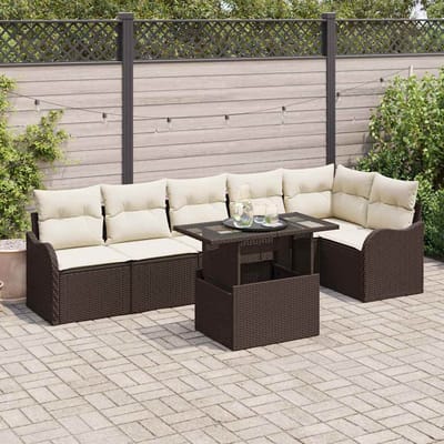 vidaXL Tuinbank Set met kussen met kussen 7 pcs Bruin Poly Riet