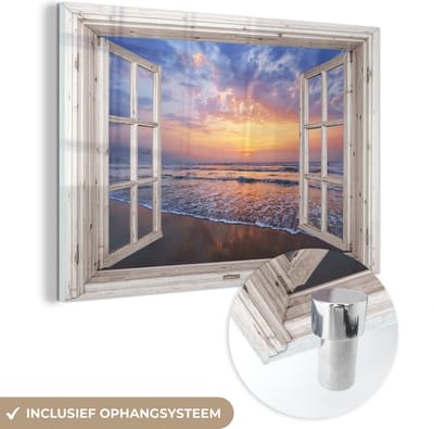 MuchoWow® Glasschilderij 60x40 cm - Schilderij acrylglas - Doorkijk - Zee - Strand - Zonsondergang - Blauw - Foto op glas - Schilderijen