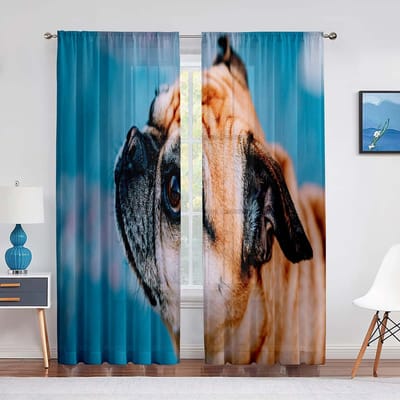 Mopshond met bril Portret Transparant Voile Gordijn Handgetekende Cartoon Huisdier Dier Raam Tule Gordijnen voor Woonkamer Slaapkamer 1 PCS W100XH250cm&Grommet Top