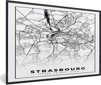 Fotolijst incl. Poster Zwart Wit- Frankrijk - Kaart - Strasbourg - Plattegrond - Stadskaart - Zwart wit - 60x40 cm - Posterlijst