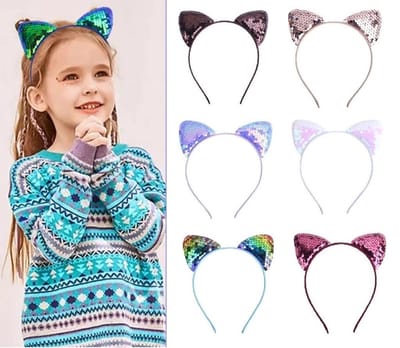 Set van 6 Meisjes Diademen met Poezenoortjes – Haarbanden met Glinsterende Pailletten – Multi Kleuren – Leuk voor Feestjes, Verjaardagen en Verkleedpartijtjes