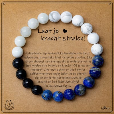 Bixorp Lapis Lazuli + Onyx + Howliet + Aquamarijn Armband op Cadeau Kaartje - Laat je Kracht Stralen - 8mm / 18cm Edelsteen Kralenarmband - Inclusief Cadeau Envelop