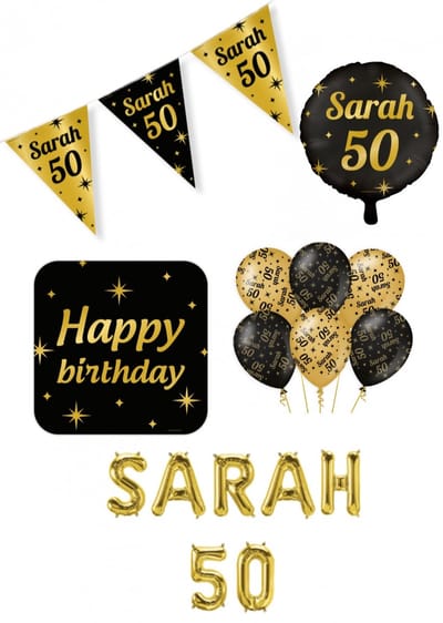 Sarah 50 jaar Classy Party decoration pakket – luxe glamour goud zwart ballonnen – folieballonnen – vlaggenlijn