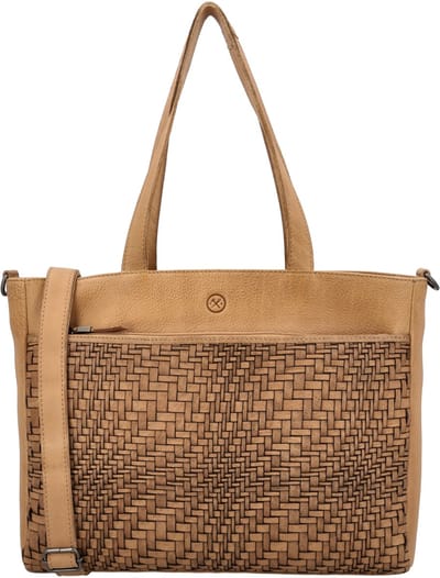 Hide & Stitches Inspired by Illusion Shopper - Leer - Gevlochten Detail - Voorvak - Achtervak - Schouderband - Dames - Schoudertas - Tas - Leren Dames Tas - Zand