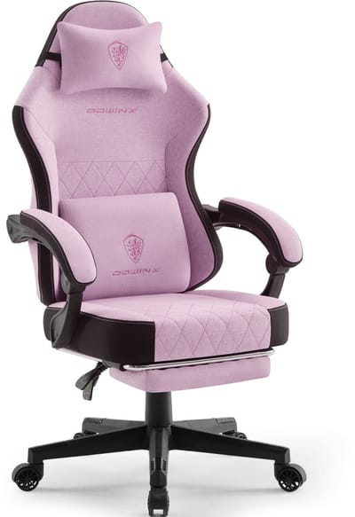 Dowinx Gamingstoel van Stof - Ergonomische Bureaustoel met Pocketvering - Massage Lendenkussen - Voetensteun - Verstelbare Rugleuning - 135 kg - Paars