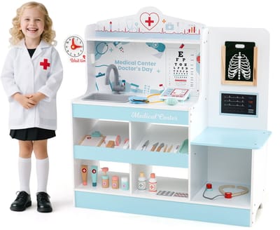 COSTWAY Ziekenhuisspeelgoed, dokterspeelset hout met medische apparatuur en 24 accessoires, incl. stethoscoop en bloeddrukmeter en spuit, arts-rollenspel voor kinderen vanaf 3 jaar (blauw)