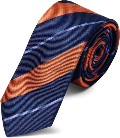 Marineblauwe 6 cm Zijden Stropdas met Oranje & Pastelblauwe Strepen