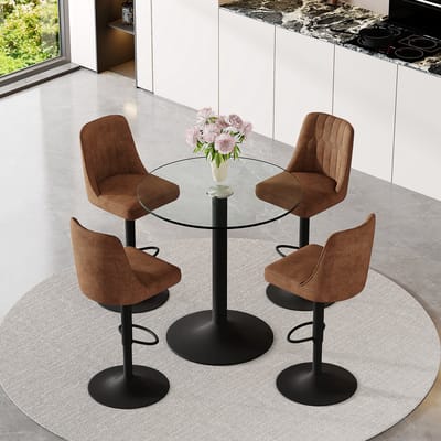 OKWISH Bartafelset 89 Cm - Ronde Glazen Tafel Met 4 Draaibare Verstelbare Barkrukken - Voor Bar Of Keuken - Metaal - Bruin