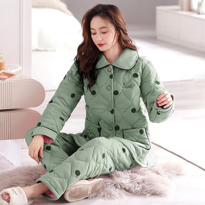 Pyjama d'hiver en peluche et coton pour femme, cardigan à carreaux, trois couches de coton épais, vêtements d'hiver pour la maison, ensemble isolant 3XL gray