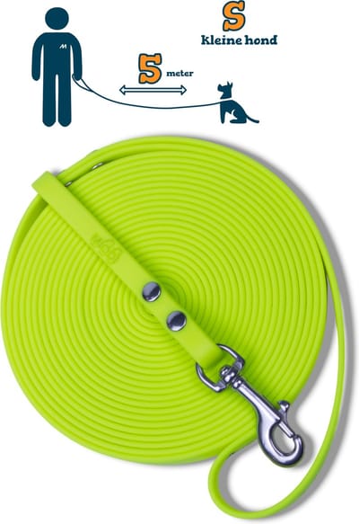 Miqdi lange lijn - BioThane – neon geel - 5 meter lang – 9mm breed – XS/S – kleine hond – lange hondenriem