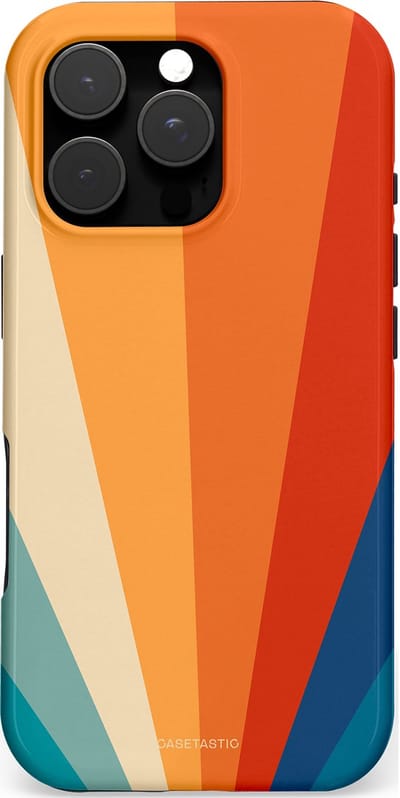 Casetastic hoesje geschikt voor Apple iPhone 16 Pro - MagSafe - Dubbellaagse bescherming - Retro straal - Fashion Case - Oranje Okergeel Petrol Rood