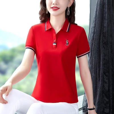 Nieuw Zomer Poloshirt met Revers voor Dames Zomer Korte Mouw Losse Casual Moeder Top Grote Maat T-shirt M red