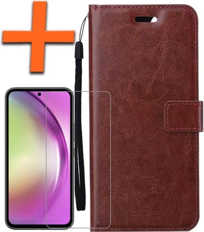 Hoes - Met Screenprotector - Geschikt voor Samsung Galaxy A54 - Luxe Pasjeshouder - Bookcase Portemonee - Flip Case - Kunstleer Book Case - Flipcase - Book Cover - Walletcase - PortemonneeHoes - Bruin