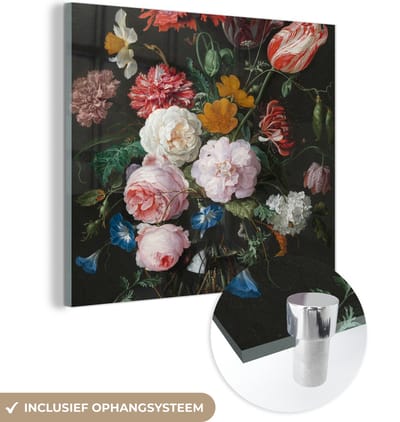 MuchoWow® Glasschilderij 50x50 cm - Schilderij acrylglas - Stilleven met bloemen in een glazen vaas - Schilderij van Jan Davidsz. de Heem - Foto op glas - Schilderijen