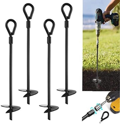 VASGOR 20 inch grondankers (4 stuks) Eenvoudig te gebruiken met boor, 3 inch helix-diameter, Heavy Duty ankerhaak voor kampeertent, luifels, autopoorten, schuren, schommelsets, beveiligingsdieren - zwart gepoedercoat
