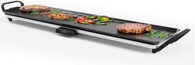Swiss Haus® TP90 Bakplaat XXL – 2000W Elektrische Grillplaat XXL – PFAS Vrij – 90x23 cm – Afneembare Thermostaat & Handgrepen – Vetopvangbak – Gourmet - Teppanyaki - Tafelgrill voor 8-10 Personen – Zwart